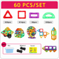 Colorful magnetic building blocks set with quantity information on a white background