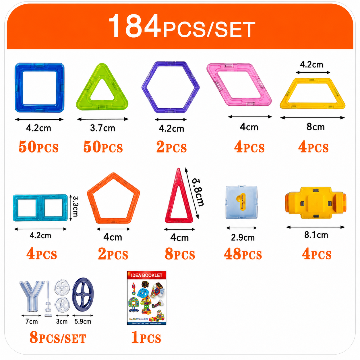 Set of geometric shape building blocks with quantity and size details on a white background.