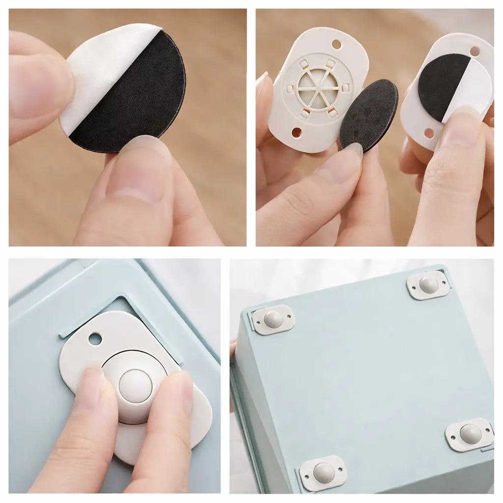 360-degree sticky caster wheels showing white and black adhesive pads being attached to beige plastic bases