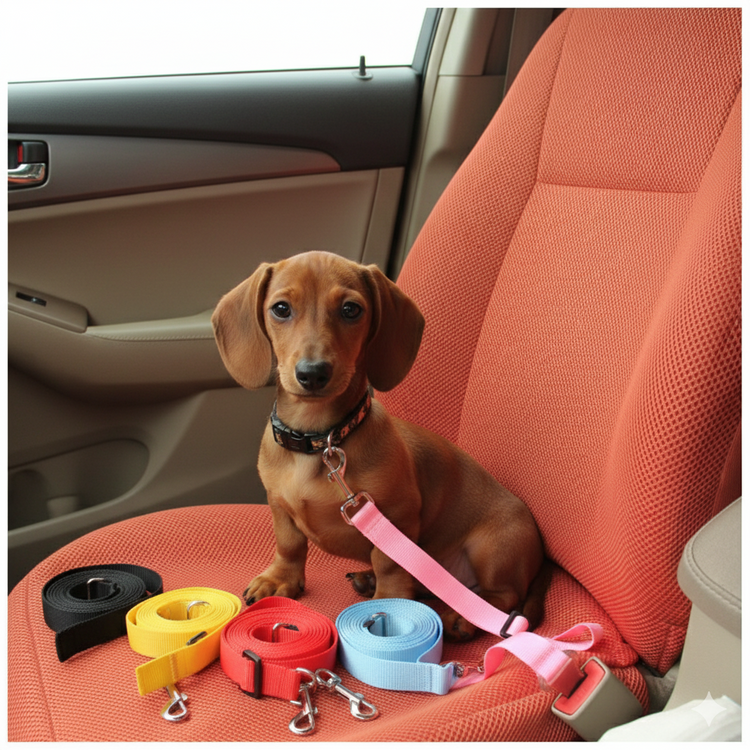 Dachshund sitting on a car seat with dog leashes and collars.