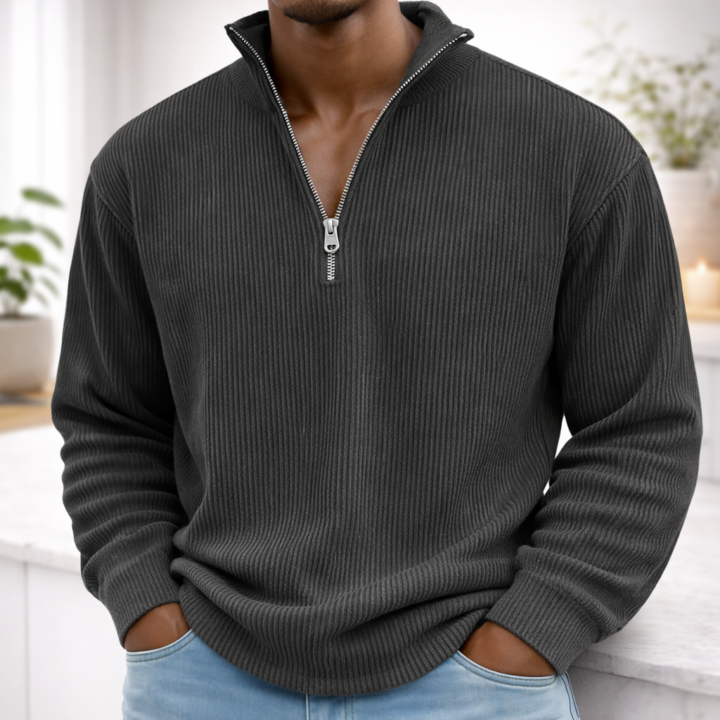 Dark Gray Men’s Corduroy Stand-Collar Zip Sweatshirt