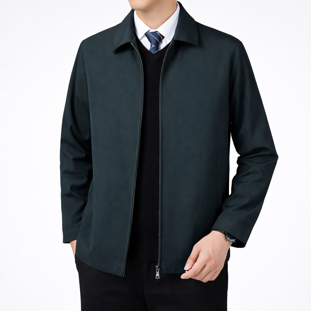 Dark green jacket worn by a person on a white background