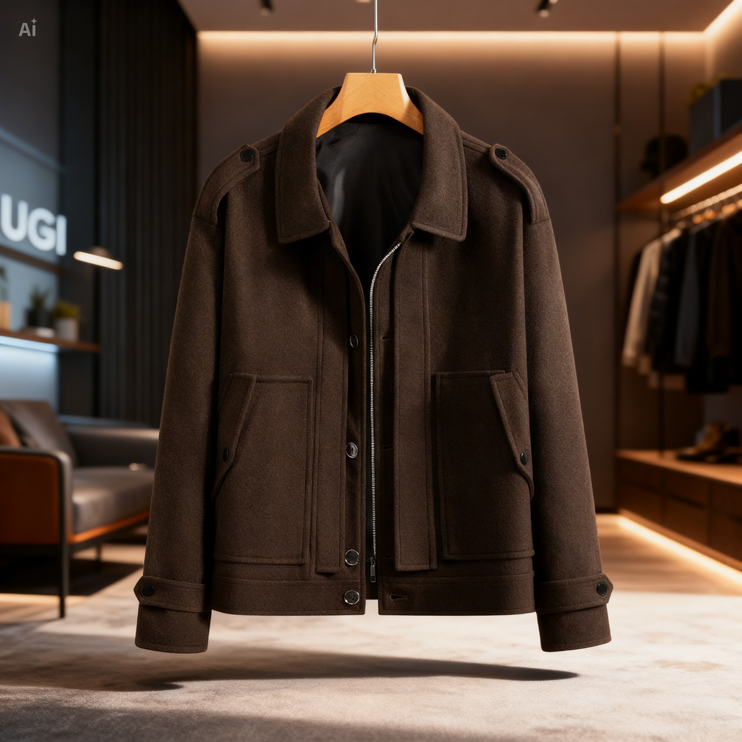 Deep Brown Men’s Lapel Cotton Padded Warm Jacket