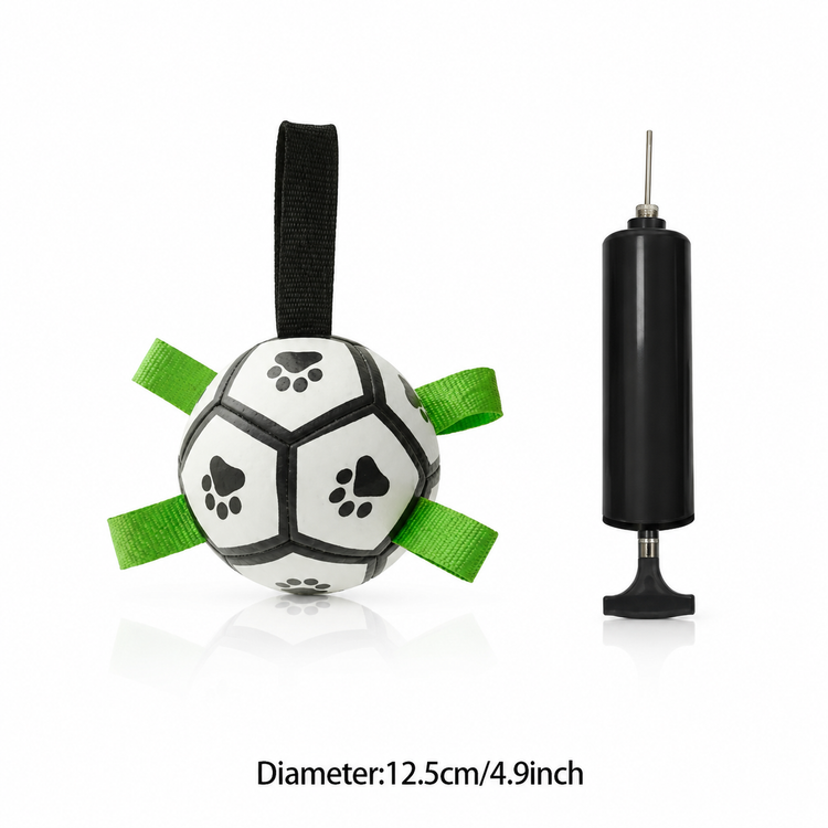 Pet toy ball with green ribbons and pump on a white background