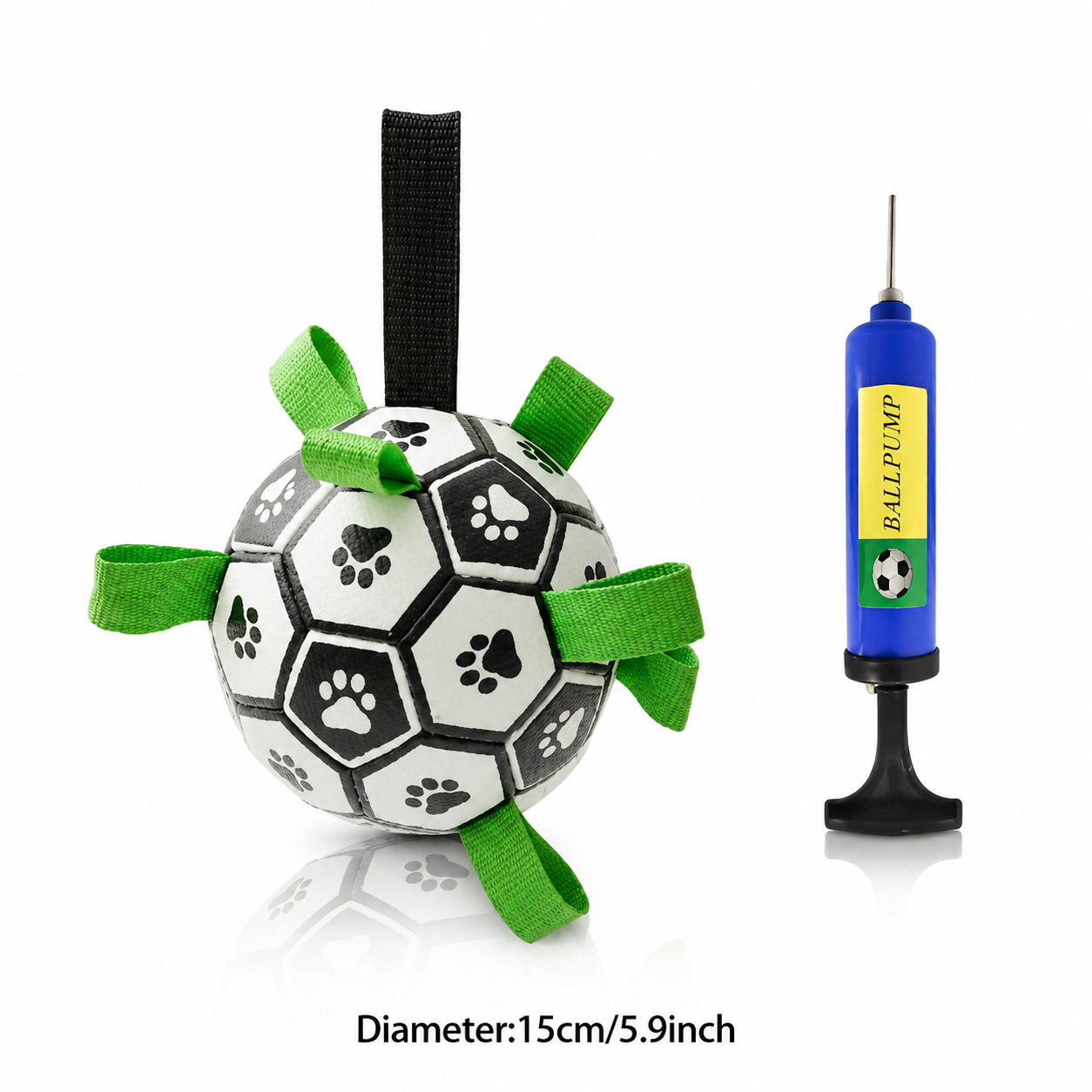 Soccer ball-shaped pet toy with green straps and a pump on a white background