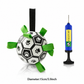 Soccer ball-shaped pet toy with green straps and a pump on a white background
