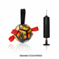 Dog toy with colorful design and red propellers next to an air pump on a white background