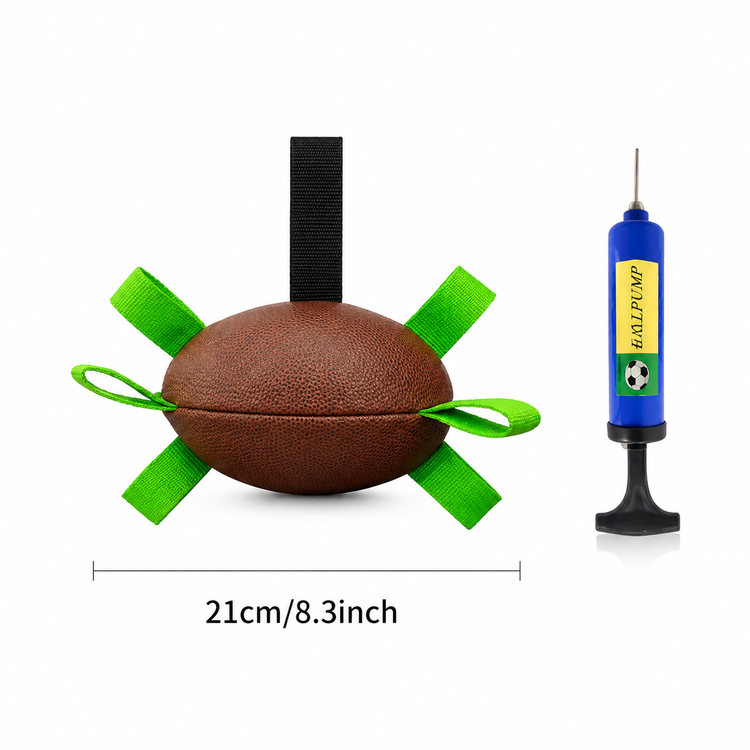 Football with green ribbons and a pump on a white background