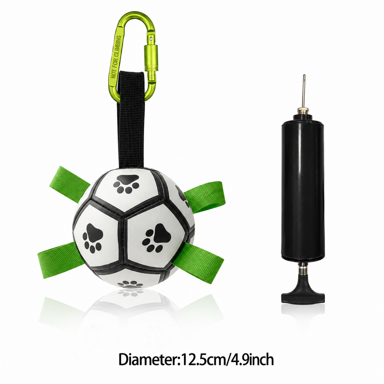 Pet toy with green straps and a pump on a white background