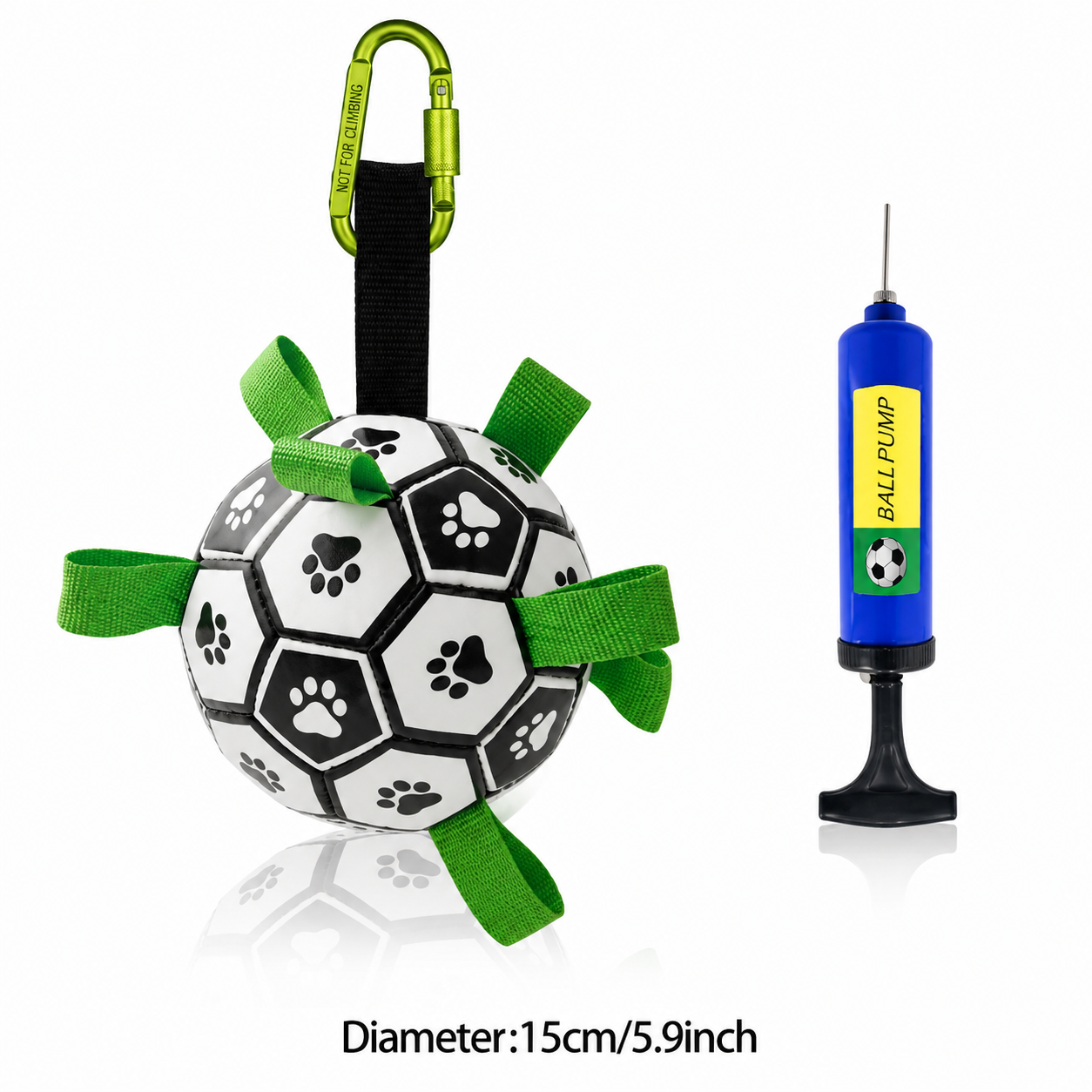 Soccer ball-shaped pet toy with green straps and a pump on a white background