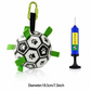 Soccer ball-shaped pet toy with green legs and a pump on a white background