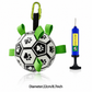 Dog toy ball with paw prints and green straps, accompanied by a pump on a white background