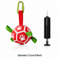 Red ball with white paw prints, green strap, and pump on a white background