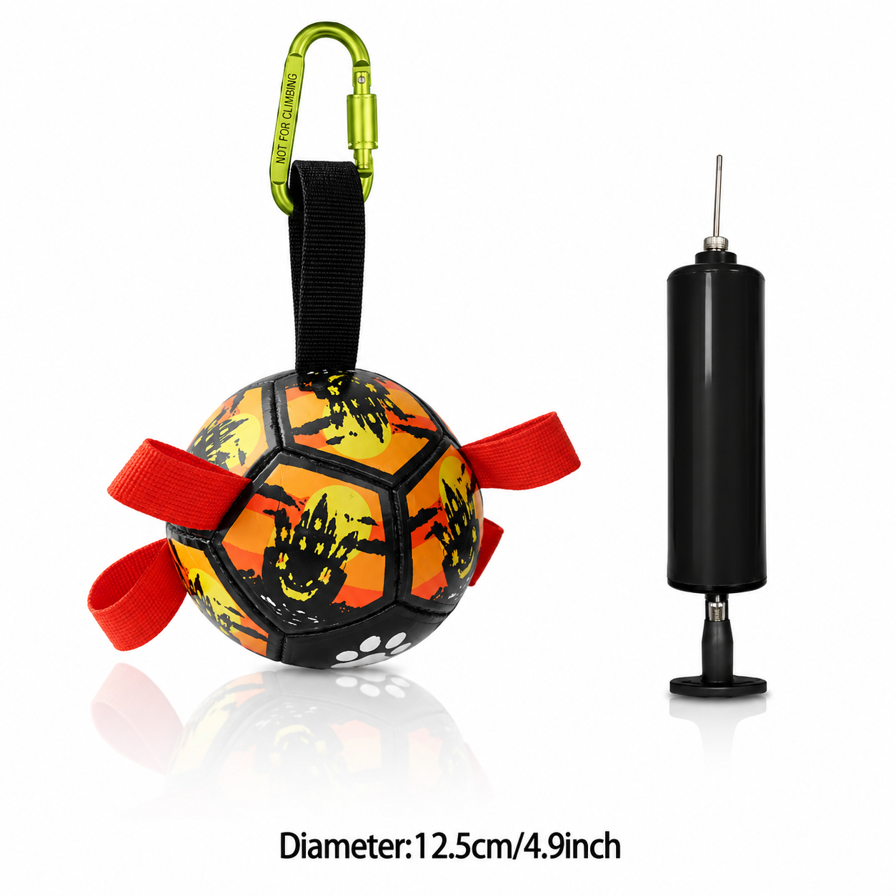 Hexagonal ball with carabiner, ribbons, and pump on a white background
