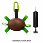 Brown ball with green straps and carabiner, next to a black pump on a white background