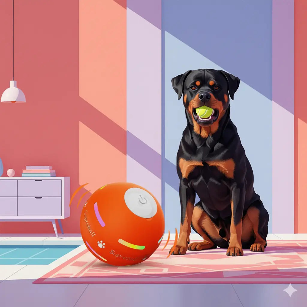 Self-launching bouncy dog toy with plush cover orange ball beside rottweiler holding green ball