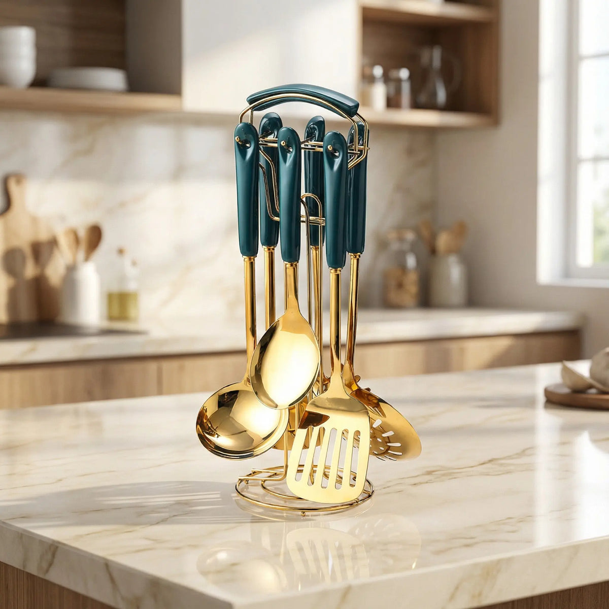 Stainless steel kitchen utensil set featuring teal handles and gold tools displayed on a stand in a kitchen.