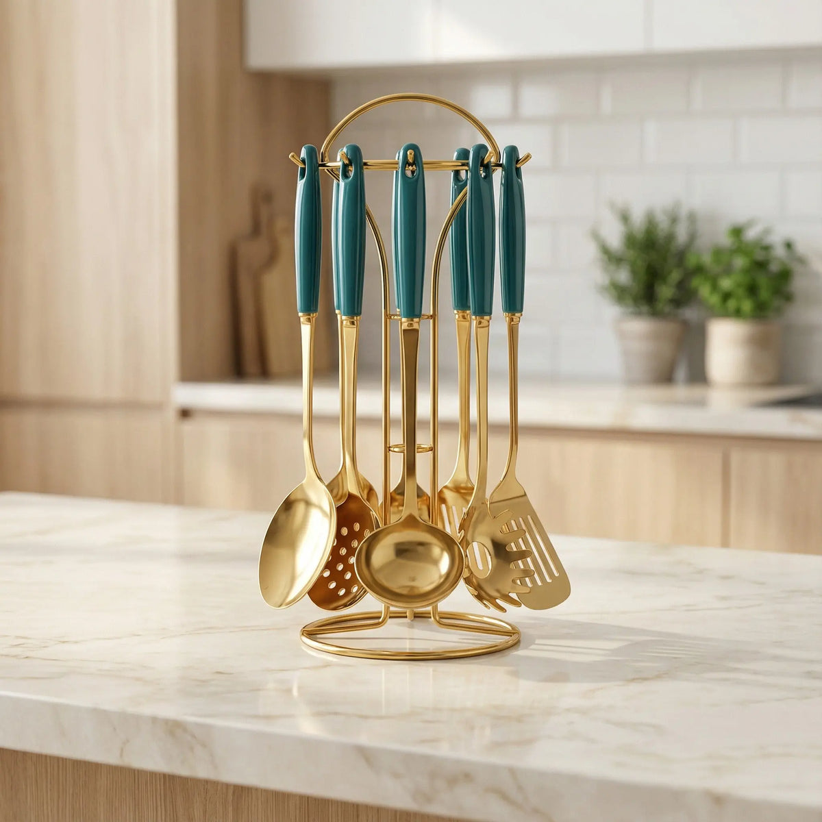 Stainless steel kitchen utensil set with teal handles and gold utensils shown on a stand against a tiled backsplash.