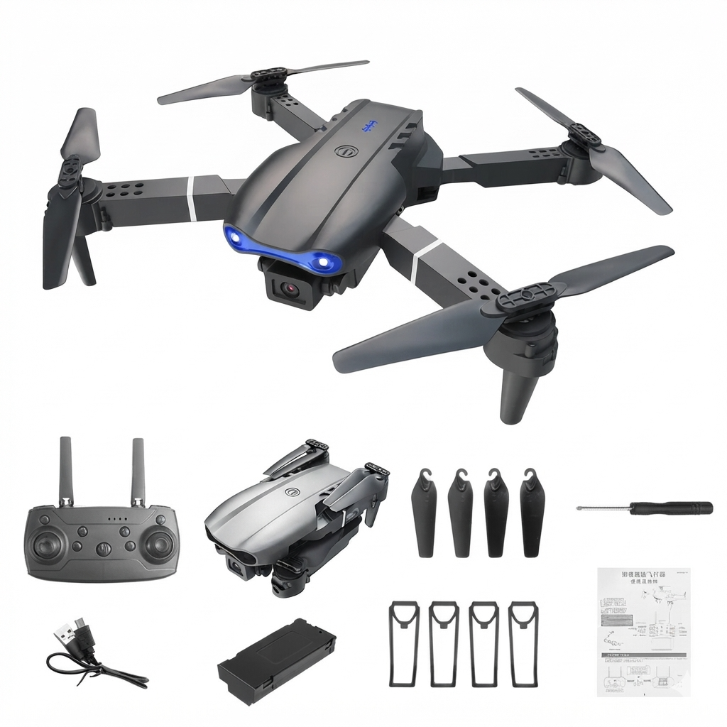 E99Pro foldable drone hovering over a snowy field with remote controller and smartphone display