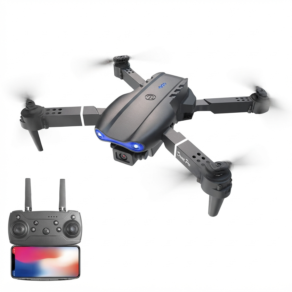 E99Pro drone flying in front of snow-capped mountains with reflective water and ice below