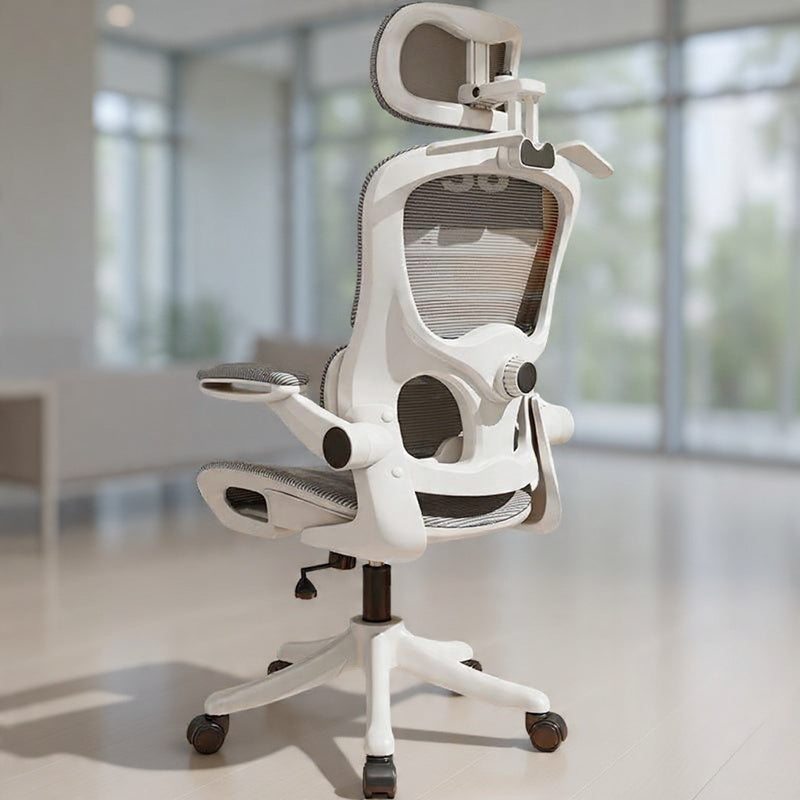 Ergonomic office chair in a modern office setting White Frame Gray Net Hollow out style