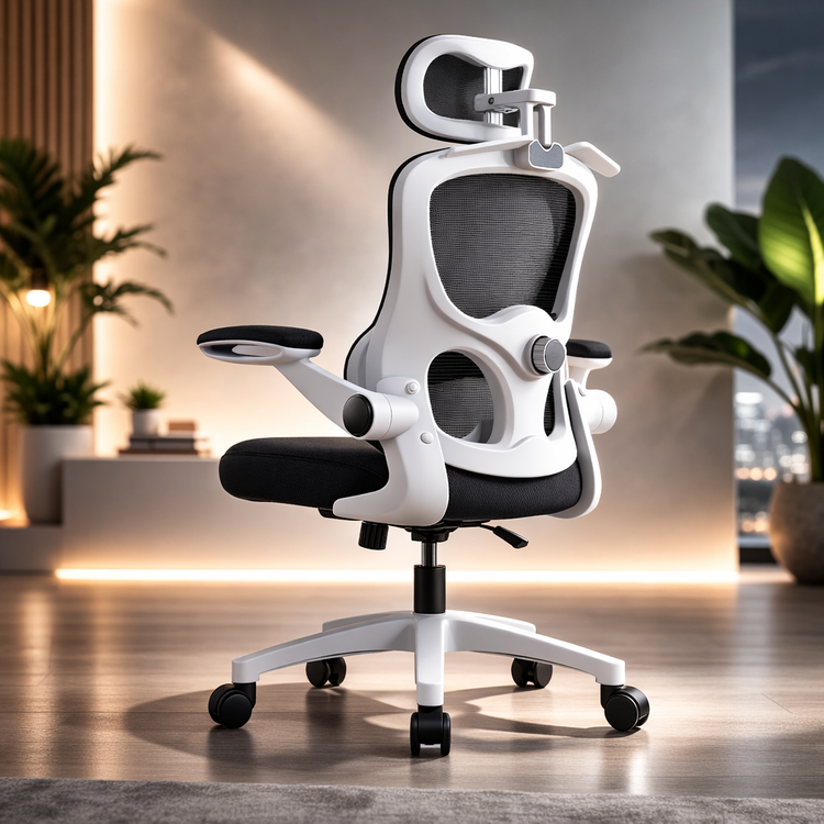 Ergonomic office chair in a modern room with plants White Frame Black Net Sponge style