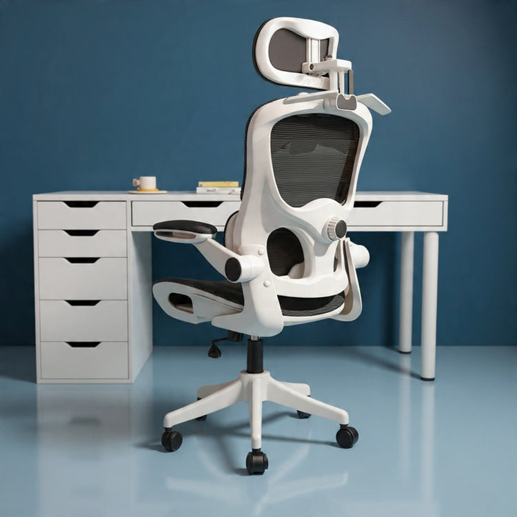 Ergonomic office chair in front of a white desk with drawers against a blue wall White Frame Black Net Hollow out style
