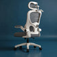 Ergonomic office chair with adjustable headrest on a blue background White Frame Gray Net Sponge style