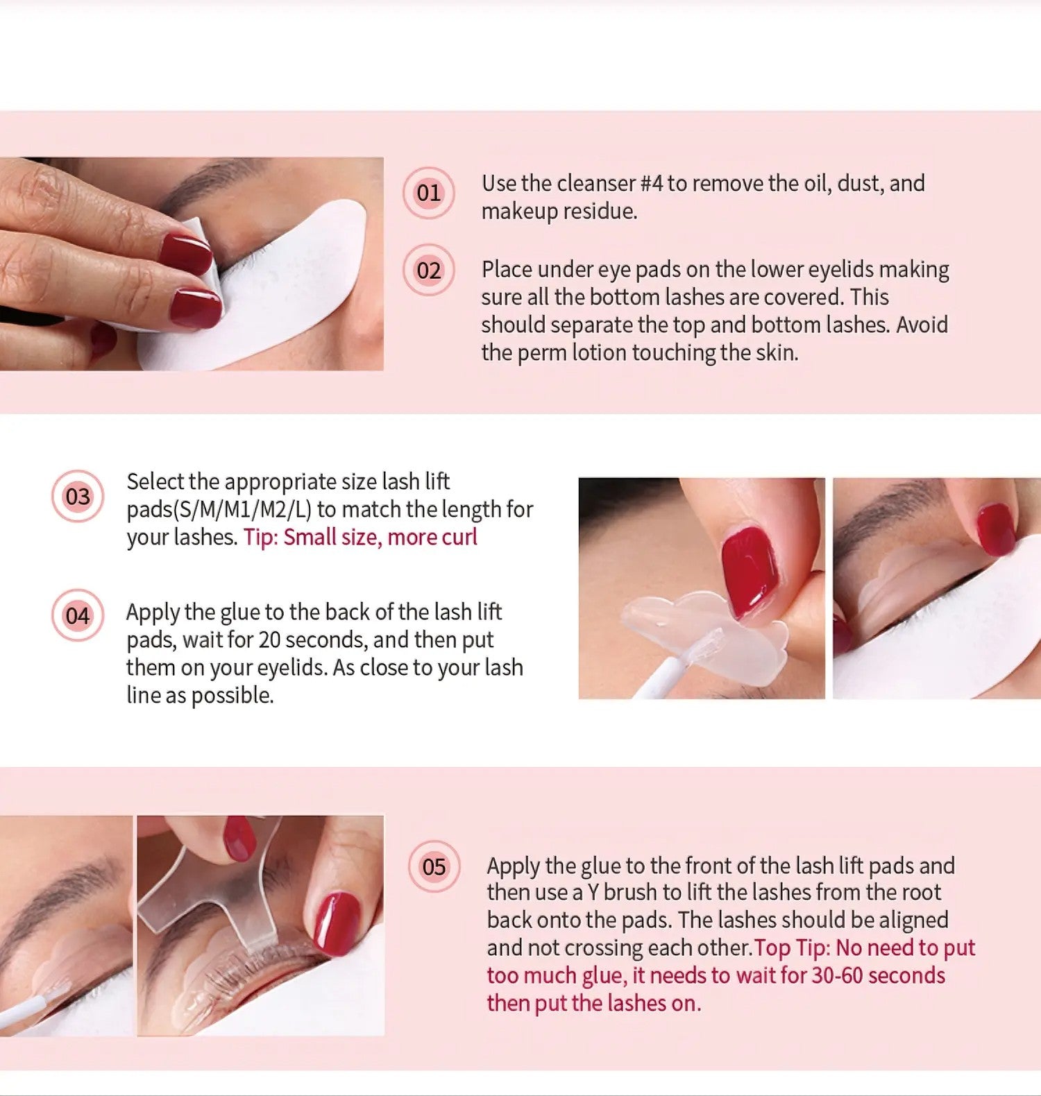 Instructions for using lash lift pads with text and images of hands applying the product.