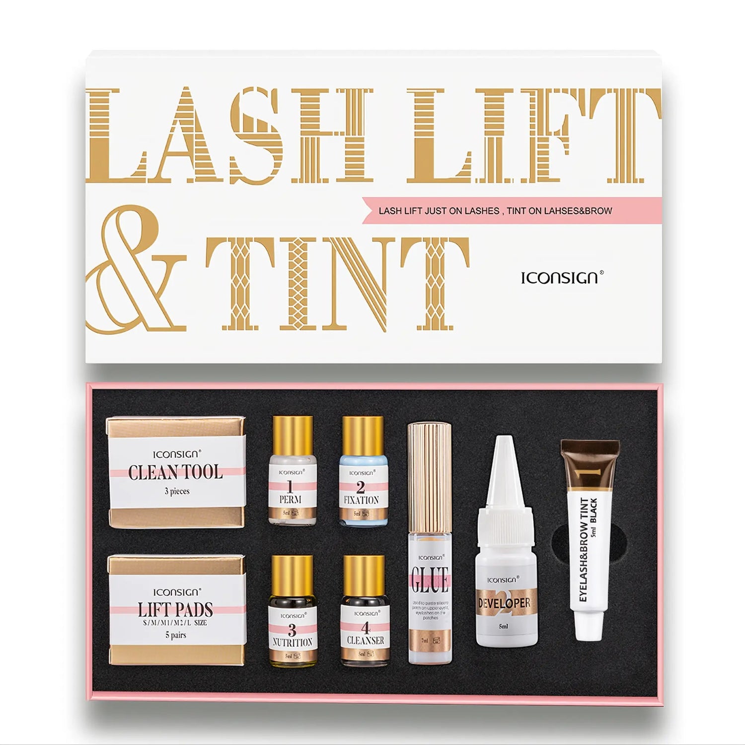 Iconsign lash lift and tint kit with various products on a white background