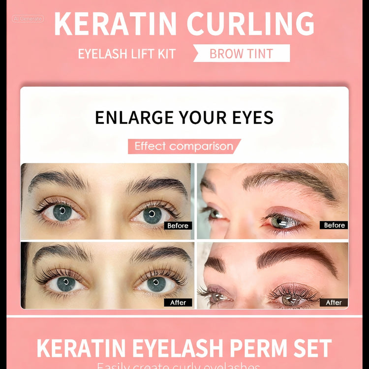 Advertisement for a keratin curling eyelash lift kit with before and after effect comparison on a pink background.