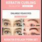 Advertisement for a keratin curling eyelash lift kit with before and after effect comparison on a pink background.