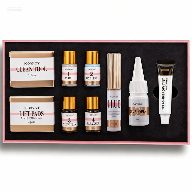 Set of beauty products in a black box with visible labels.