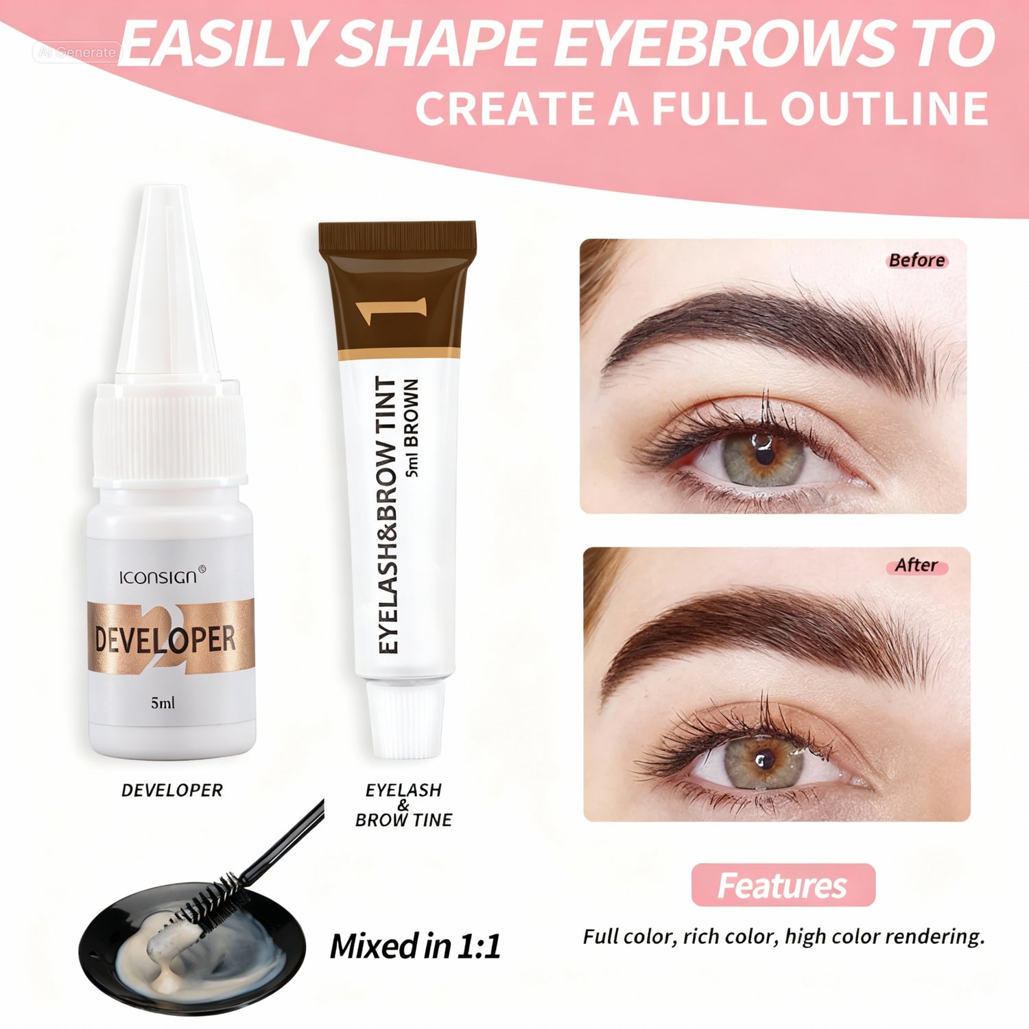 Eyebrow tinting products with before and after images on a white background