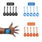Hand with finger exercisers and weights displayed on a white background