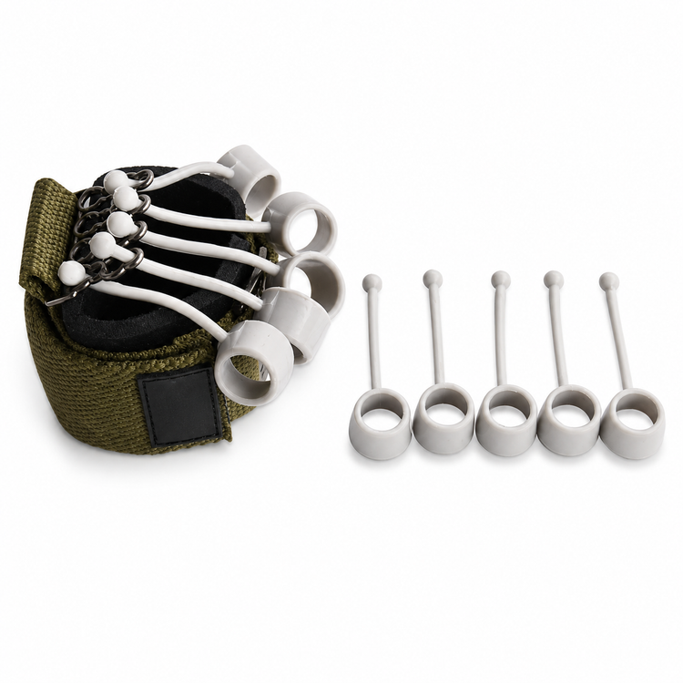 Set of white hooks with a green carrying case on a white background