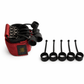 Red and black dog training clicker with six black plastic noisemakers on a white background