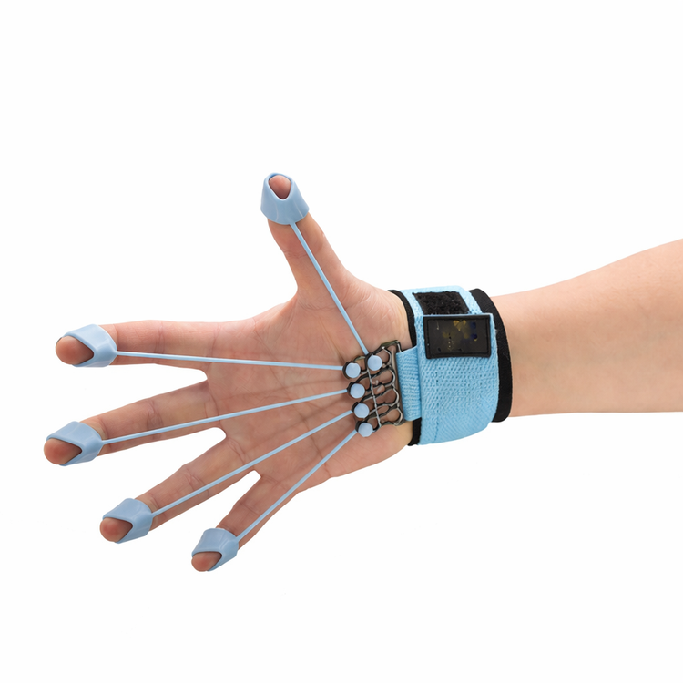 Hand with a blue finger splint on a white background