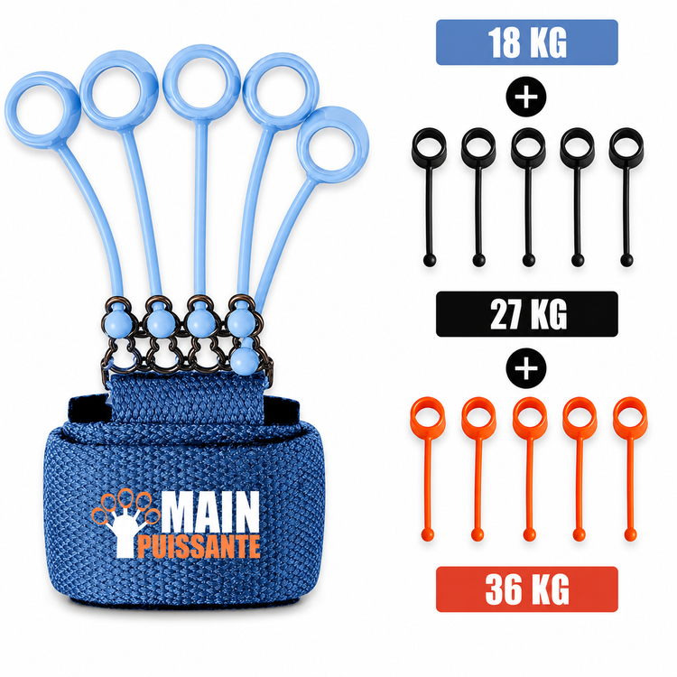 Blue resistance band set with weight indicators on a white background