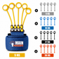 Blue resistance band with yellow loops and weight indicators on a white background