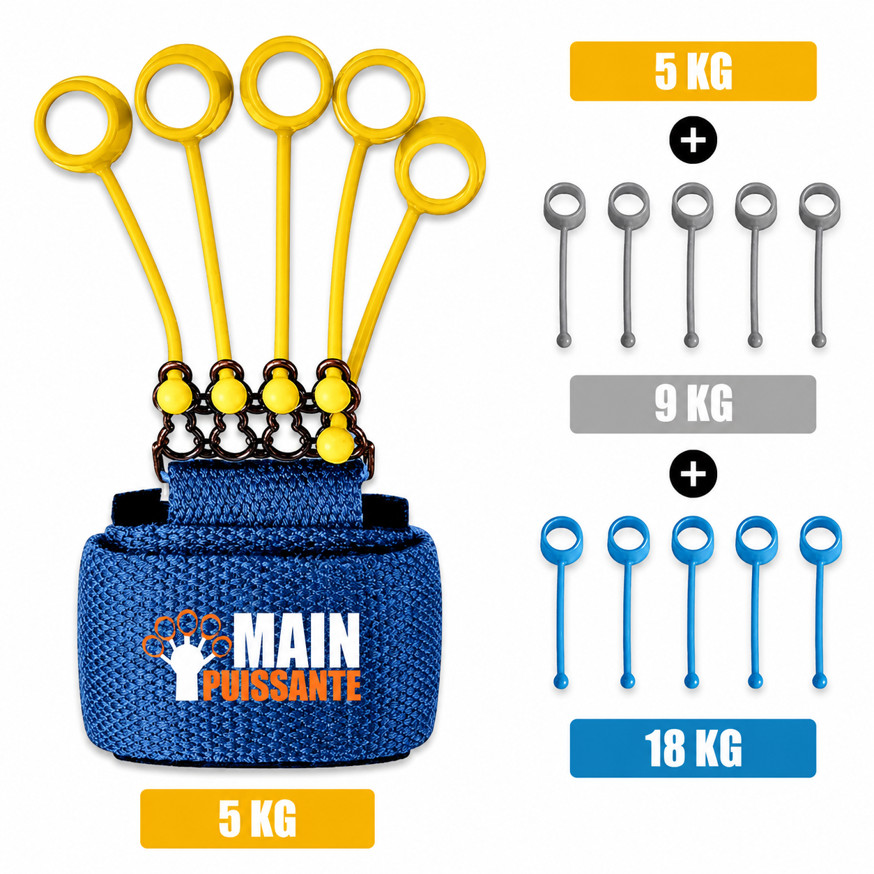 Blue resistance band with yellow and blue attachments and weight indicators on a white background.