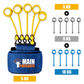 Blue resistance band with yellow and blue attachments and weight indicators on a white background.