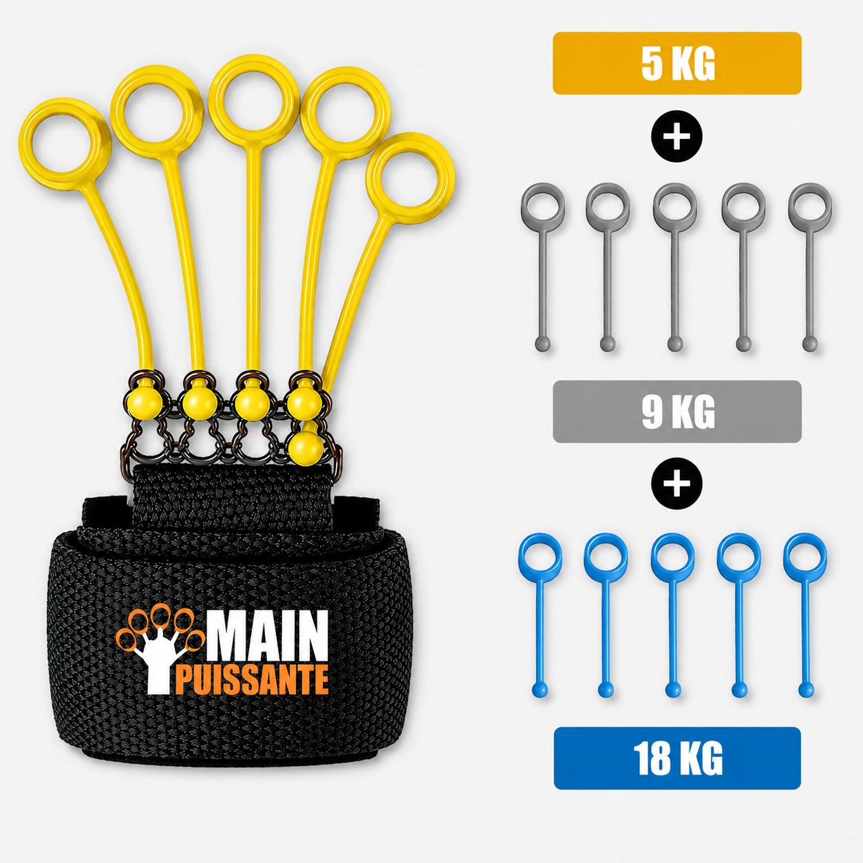 Black weightlifting strap with yellow and blue attachments and weight labels on a white background.