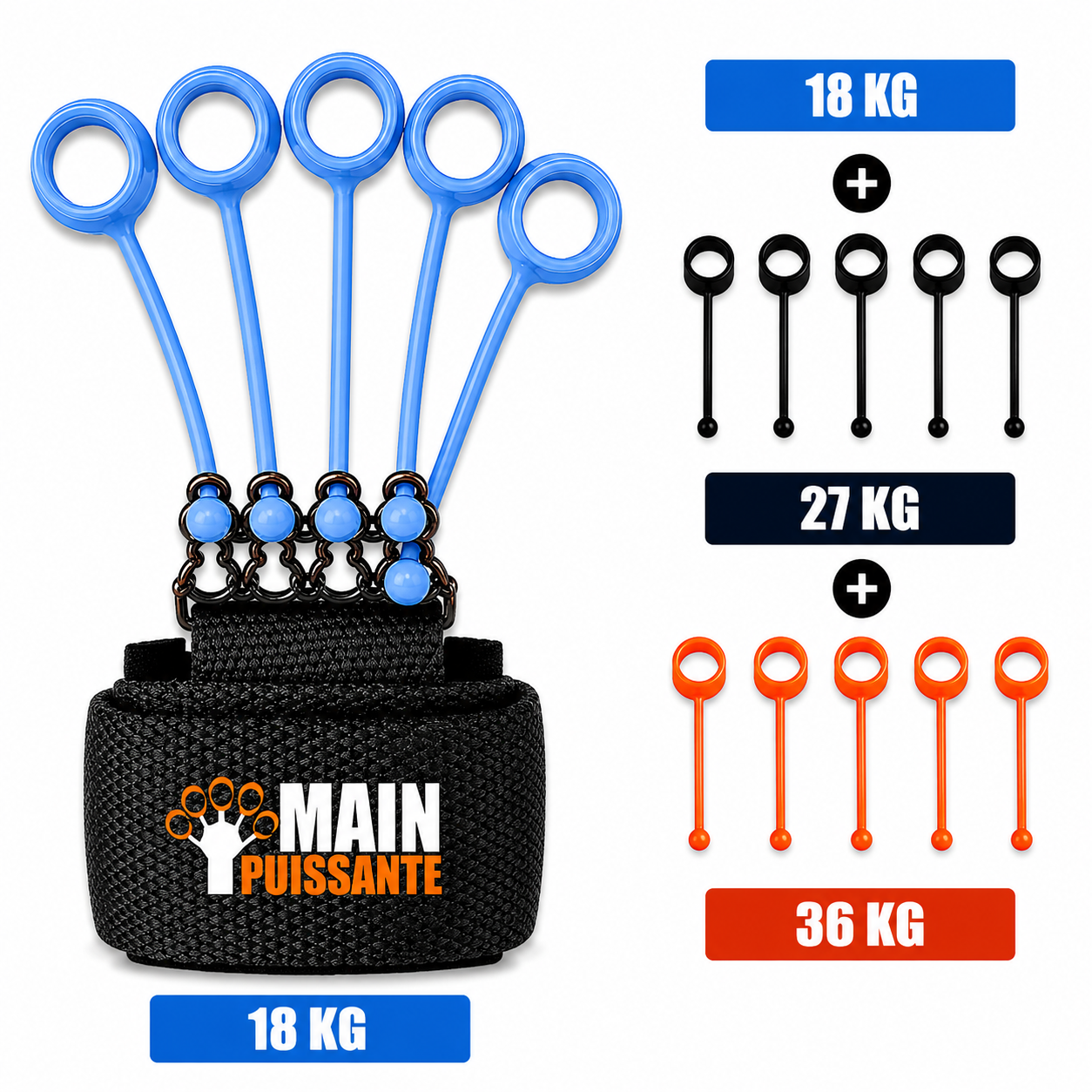 Dog training tool with blue and orange handles and weight indicators on a white background