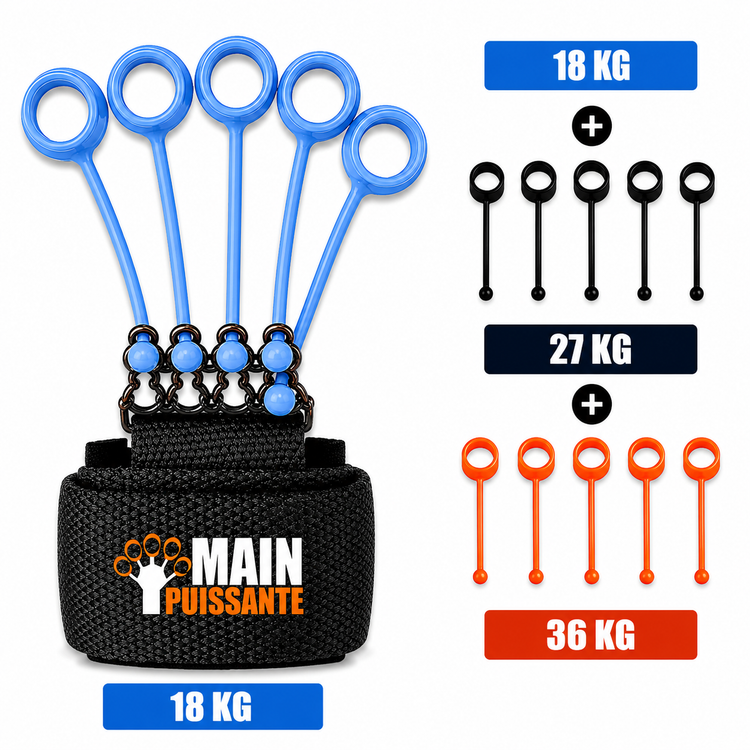 Dog training tool with blue and orange handles and weight indicators on a white background