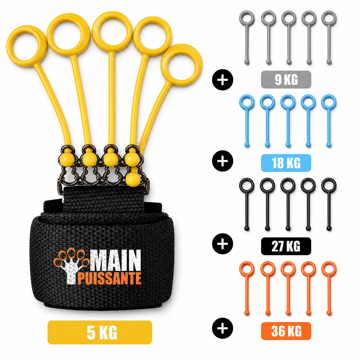 Black resistance band set with yellow, blue, and orange attachments on a white background.