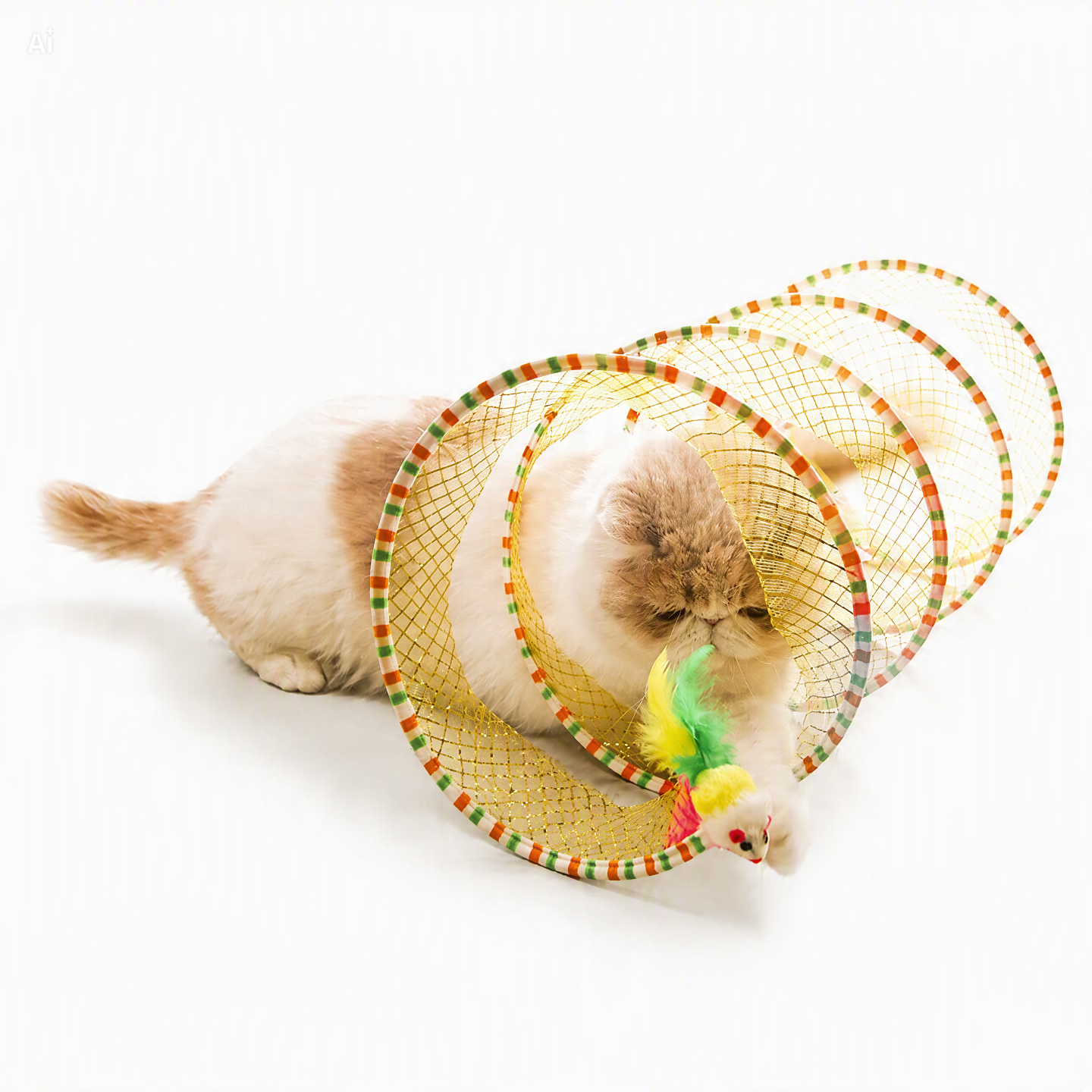 A fluffy cream and brown cat plays with a tunnel toy made of yellow mesh with green, orange, and red trim, on a clean white background.