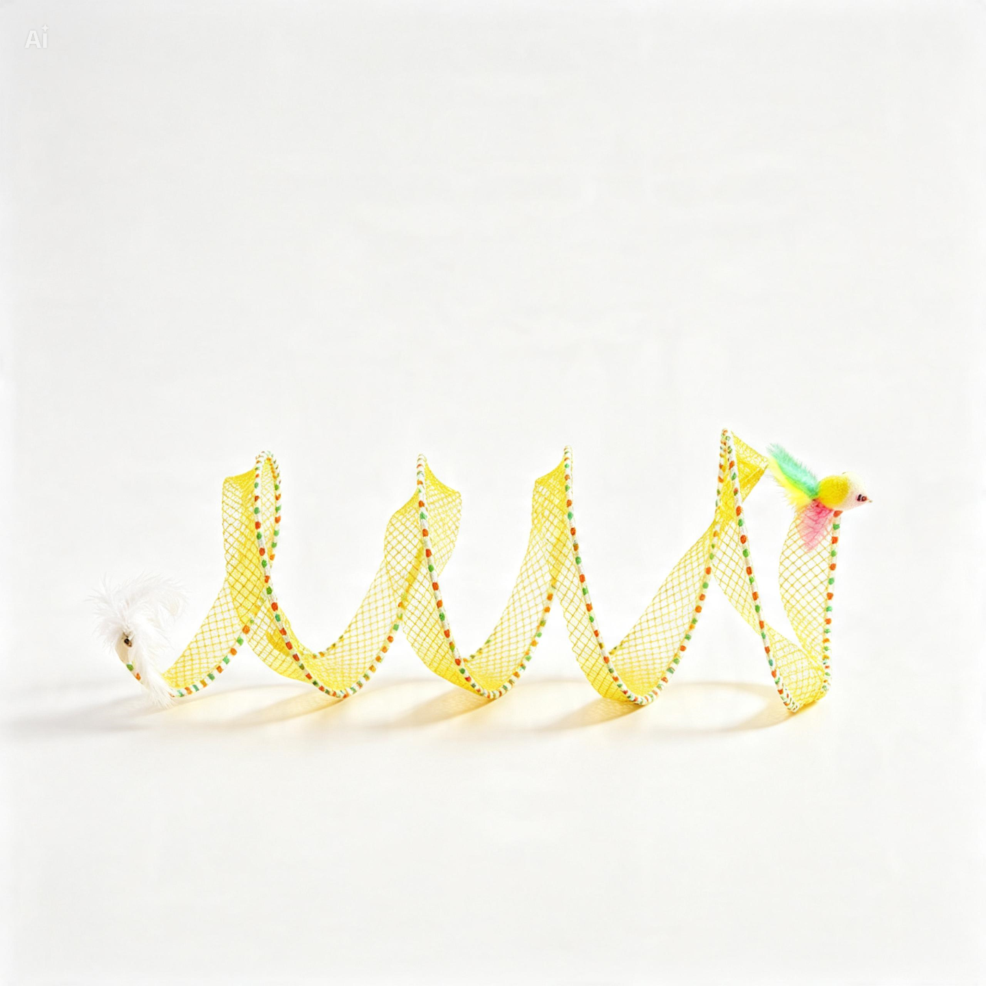 A yellow cat toy made of a curly mesh ribbon with small multicolored beads and two dangling feather toys attached, photographed on a clean white background.