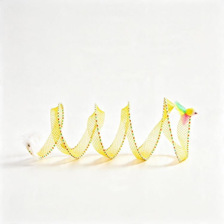 A yellow cat toy made of a curly mesh ribbon with small multicolored beads and two dangling feather toys attached, photographed on a clean white background.