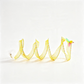 A yellow cat toy made of a curly mesh ribbon with small multicolored beads and two dangling feather toys attached, photographed on a clean white background.